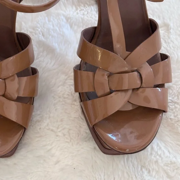 Saint Laurent Tribute Platform Sandals Dark Tan Beige Patent Authentic 38.5 - Picture 9 of 16